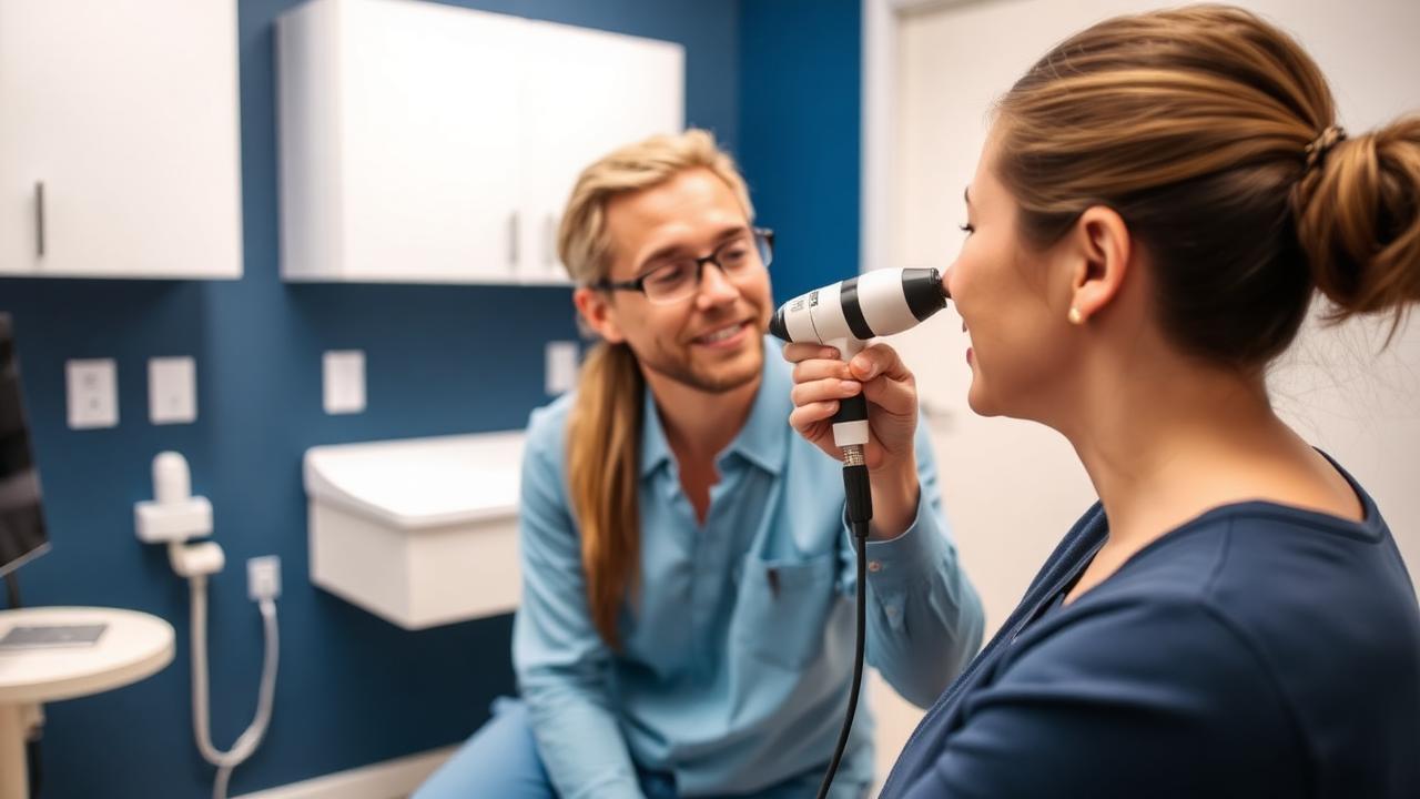 Audiologist examining a patient's ear canal with an otoscope in a clinic