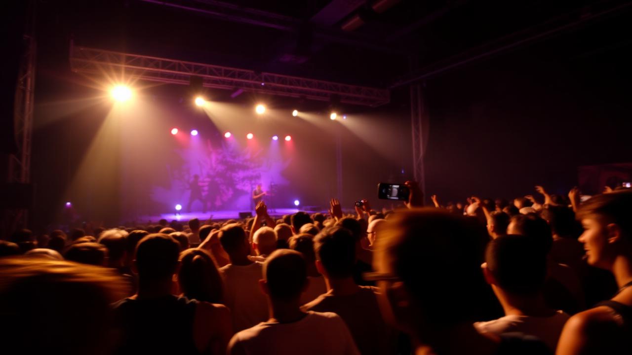 Audience at a loud live music concert with bright stage lighting