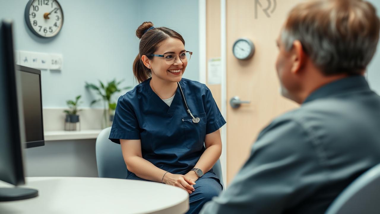 Clinical advice on ear cleaning Audiologist talking with a patient in a modern UK hearing clinic