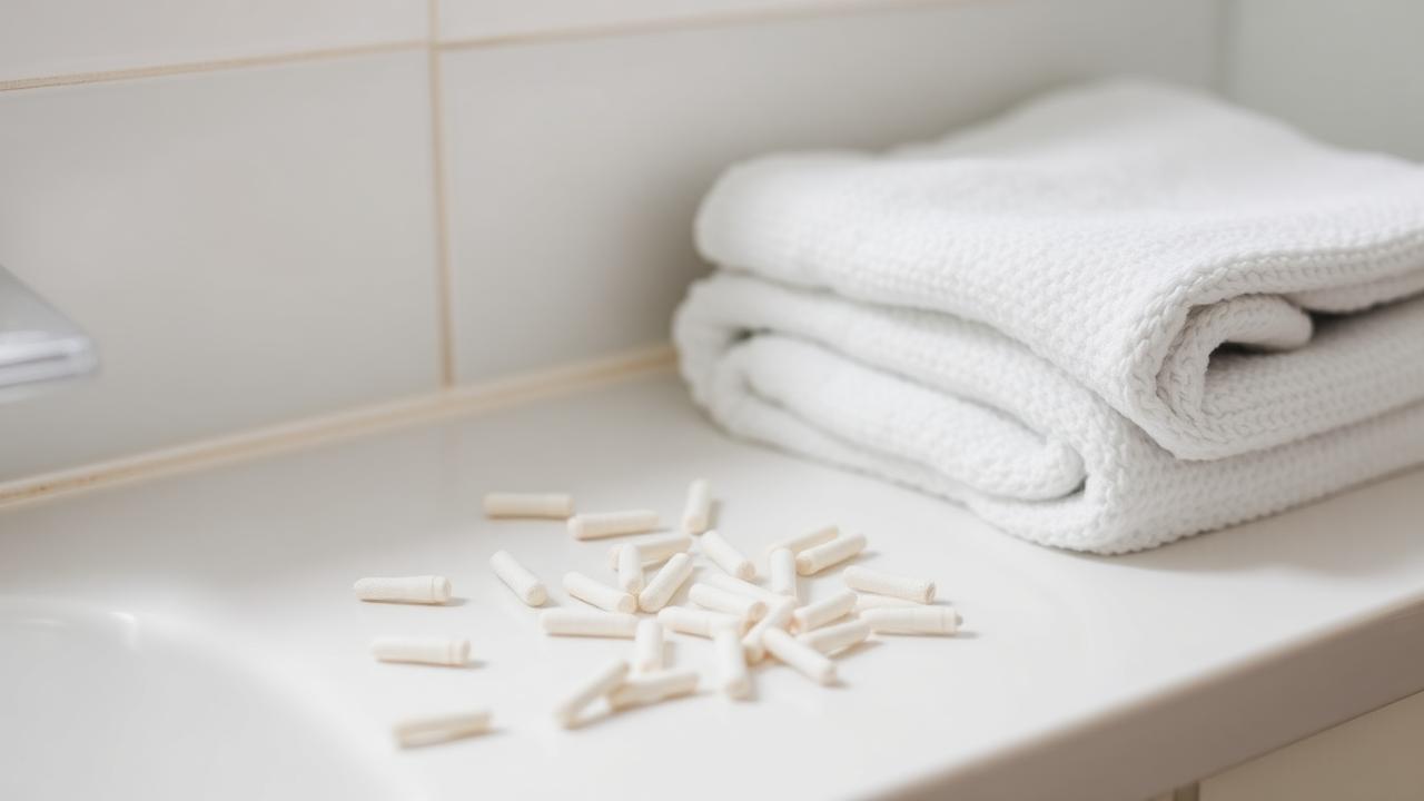 Cotton buds and ear wax Cotton buds scattered across a white bathroom counter next to folded towels