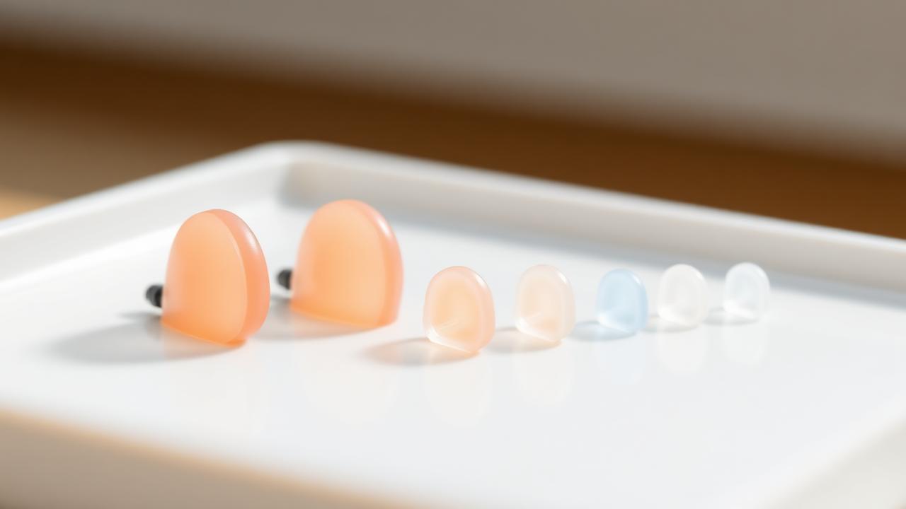 Silicone hearing aid domes in several sizes laid out on a white clinical tray
