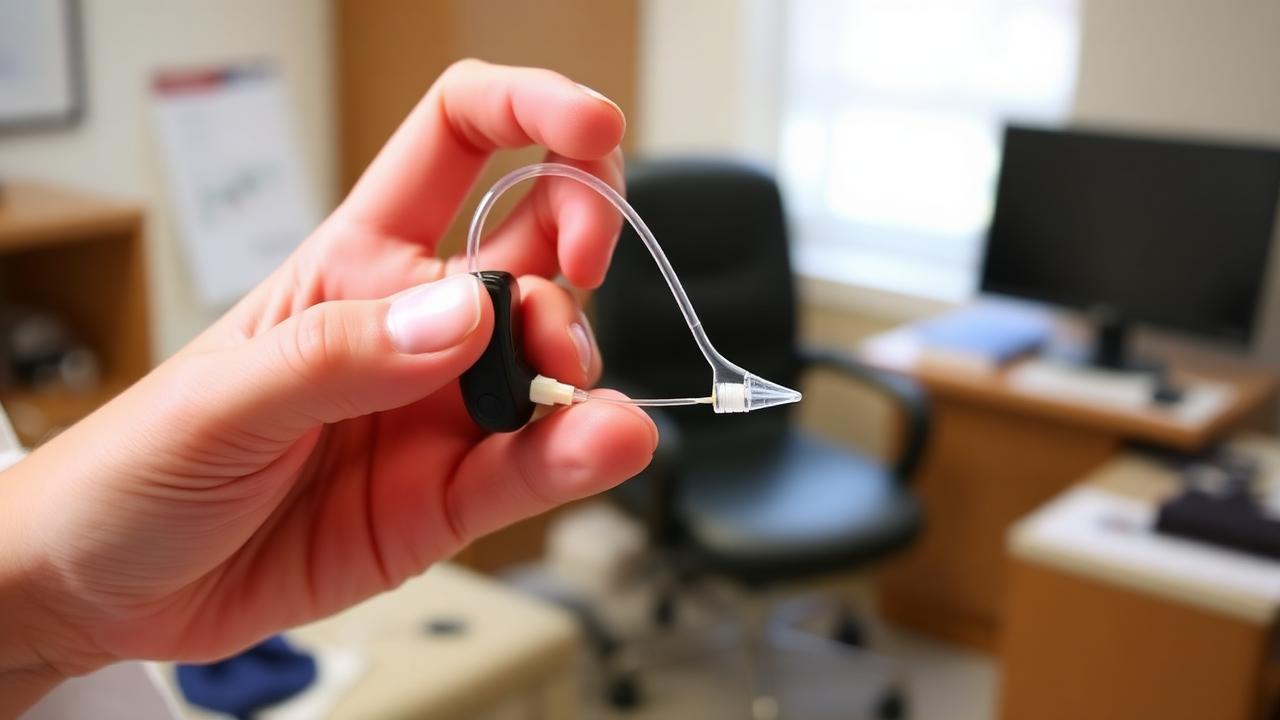 Audiologist inspecting the clear tubing of a behind-the-ear hearing aid